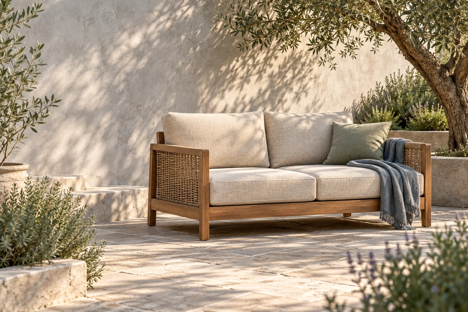 Illustrative sunlit courtyard with oatmeal box cushions on a teak and woven outdoor loveseat.